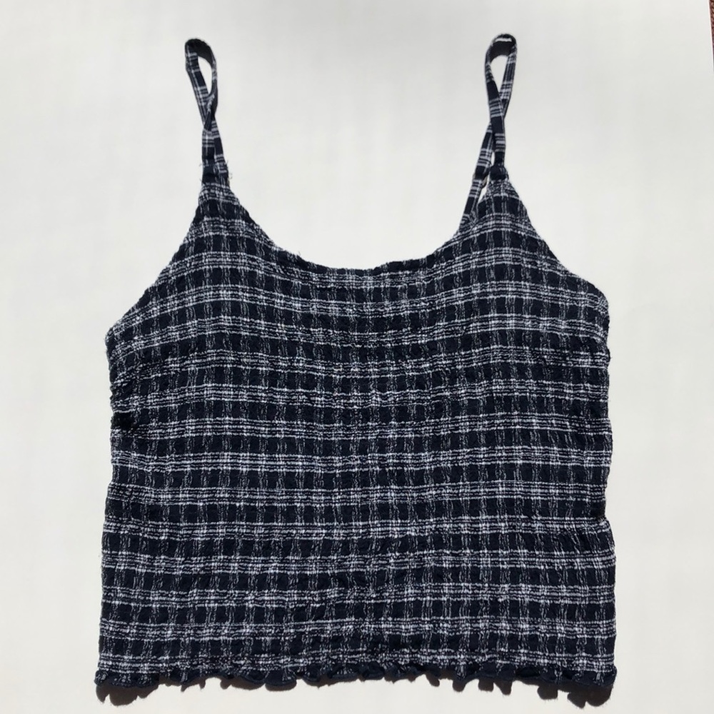 Navy blue and white, plaid tank top.
